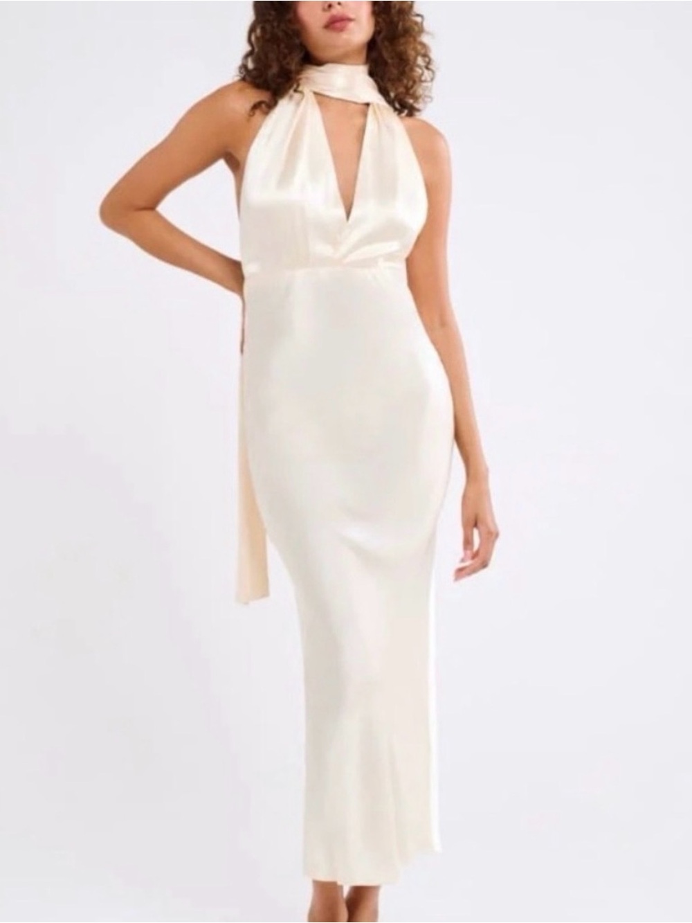 Elegant Cream Backless Satin Maxi Dress with Shoulder Ties - Picture 2 of 6